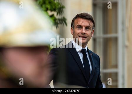 FRANKREICH- POLITIK-GIPFEL-INDONESIEN-DIPLOMATIE der Präsident der Republik Emmanuel Macron empfängt den indonesischen Präsidenten Prabowo Subianto im Elysee-Palast. In Paris, 24. Juli 2024. PARIS ILE-DE-FRANCE FRANKREICH COPYRIGHT: XANDREAXSAVORANIXNERIX FRANCE-POLITICS-TOP LEVEL SUMMI ASAVORANINERI-7 Stockfoto