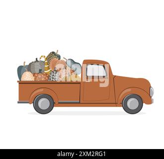Pickup-Truck mit bemalten, gemusterten Kürbissen. Herbstbanner für Kürbisfestspiele. Orangefarbenes Auto mit Squashs. Roter Pick Up Truck. Stock Vektor