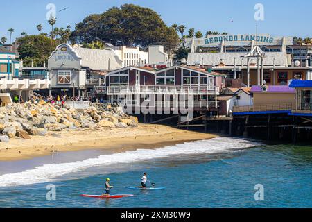 Leute paddeln auf Stehpaddelbrettern in der Nähe von Redondo Landing, Redondo Beach, Kalifornien. Redondo Beach ist im Sommer ein beliebtes Touristenziel Stockfoto