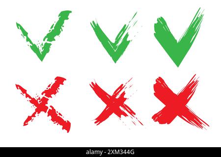 Grüne Häkchen. Rote Kreuze. Pinselstrichstil. Vektorsymbole. Stock Vektor