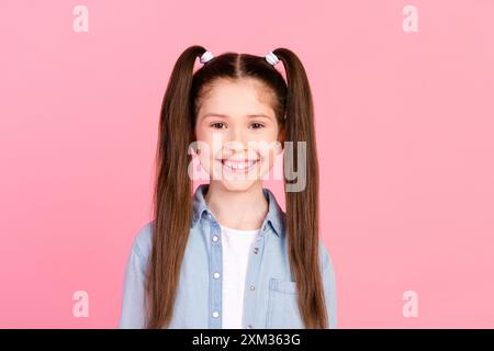 Foto des entzückenden schönen positiven kleinen Schulmädchens mit Pferdeschwänzen gekleidetes Denim-Hemd zahnig lächelnd isoliert auf rosa Hintergrund Stockfoto