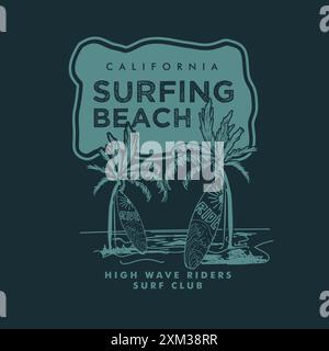 Surfing Beach California High Wave Rider Typografie Sommer-T-Shirt mit Grafik Stock Vektor