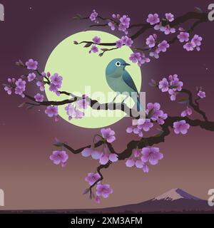 Realistische Grafiken von Uguisu und Sakura auf einem Hintergrund von Fuji. Japanische Nachtigall auf einem Zweig blühender Kirschen. Vektordarstellung von Bush Stock Vektor