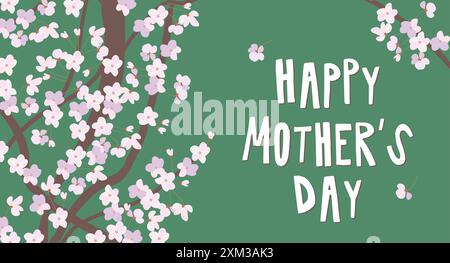 Illustration von Kirschbäumen auf grünem Hintergrund. Festliches Banner zum Muttertag. Frühlingsrosa Blumen. VEKTOR-Grafik von Sakura. Stock Vektor