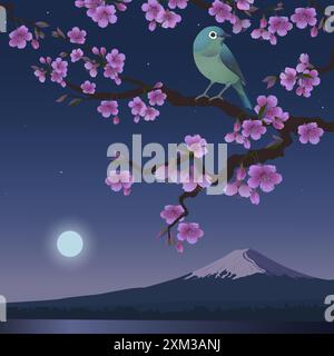 Realistische Grafiken von Uguisu und Sakura auf einem Hintergrund von Fuji. Japanische Nachtigall auf einem Zweig blühender Kirschen. Vektordarstellung von Bush Stock Vektor