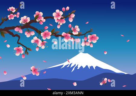 Sakura-Blütenzweig auf dem Hintergrund von Fujiyama. Schneebedeckter Gipfel des Berges. Realistische Vektorillustration fallender rosafarbener Blütenblätter. Stock Vektor