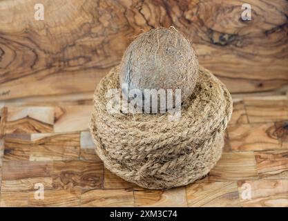 Getrocknete Kopra-Zellstoff und Seile aus Fasern der Kokosnuss Cocos nucifera Stockfoto