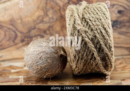 Getrocknete Kopra-Zellstoff und Seile aus Fasern der Kokosnuss Cocos nucifera Stockfoto