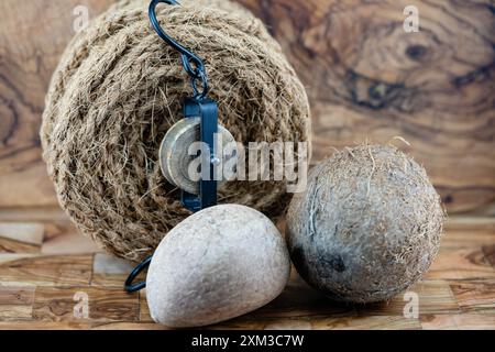 Getrocknete Kopra-Zellstoff und Seile aus Fasern der Kokosnuss Cocos nucifera Stockfoto
