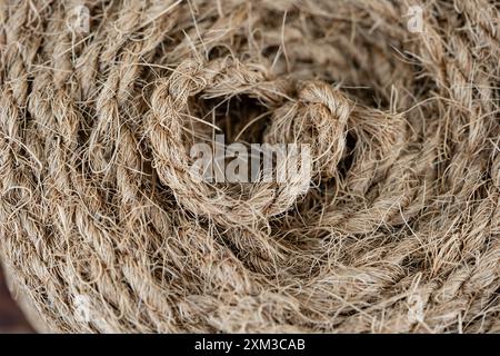 Getrocknete Kopra-Zellstoff und Seile aus Fasern der Kokosnuss Cocos nucifera Stockfoto