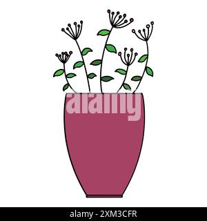 Ein Blumentopf mit ungewöhnlich geformten kleinen Blüten in einem violetten, hohen Topf. Stock Vektor