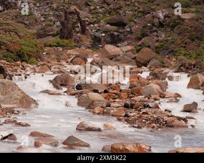 Ein felsiger Fluss mit einem weißen Fluss. Die Felsen sind im Fluss verstreut und das Wasser ist kalt Stockfoto