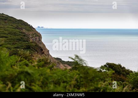 Blick auf den Ärmelkanal vom Hastings Country Park in East Sussex, England. Das Kraftwerk Dungeness ist in der Ferne zu sehen. Stockfoto