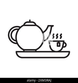 Teekanne mit Teebeutel auf Tasse Symbol Schwarze Linie Kunstvektor in schwarz-weiß Umrissset Sammlung Zeichen Stock Vektor