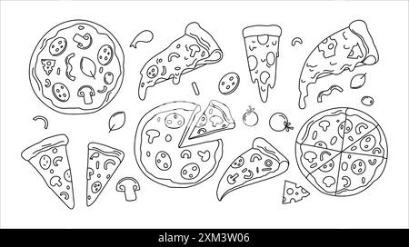 Ein Set Pizzakritzeleien, geschnittene Pizzastücke Stock Vektor