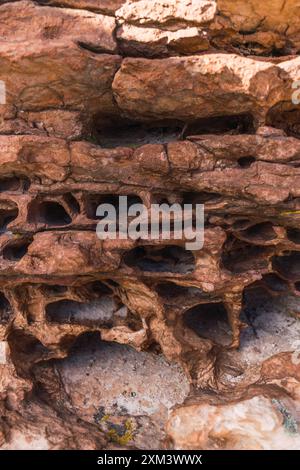 Die Textur roter Felsen, die durch den Lauf der Zeit in der Wüste an einem sonnigen Tag erodiert wurden, beleuchtet durch natürliches Licht Stockfoto