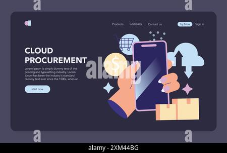 Cloud Procurement-Konzept. Ein nahtloses Online-Shopping-Erlebnis mit digitaler Zahlung und Paketverfolgung. Moderne e-Procurement-Lösungen. Vektorabbildung. Stock Vektor