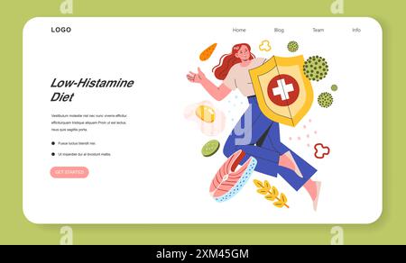 Low Histamine Diet concept. An illustration of a woman with a shield avoiding high-histamine foods for better health on a website banner. Vector illustration. Stock Vektor