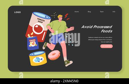 Low Histamine Diät Konzept. Ein Mann, der weg von verarbeiteten Lebensmitteln joggt, was einen gesunden Lebensstil verändert. Ernährungsoptionen für besseres Wohlbefinden. Vektorabbildung. Stock Vektor