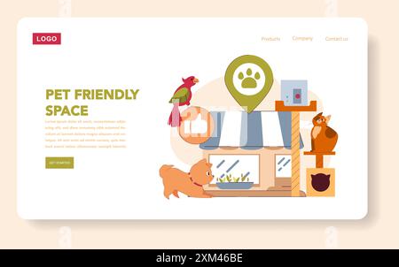 Haustierfreundliches Raumkonzept. Tiere, die in einem harmonischen Innenraum mit Zubehör koexistieren. Komfortables Wohnen für Haustiere, interaktive Spielbereiche. Vektorabbildung. Stock Vektor