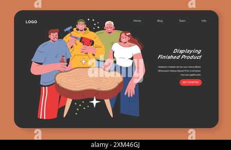 Werkstattkonzept für Heimwerkstatt. Enthusiasten präsentieren einen handgefertigten Holztisch. Kreativität im selbstgemachten Möbeldesign. Vektorabbildung. Stock Vektor