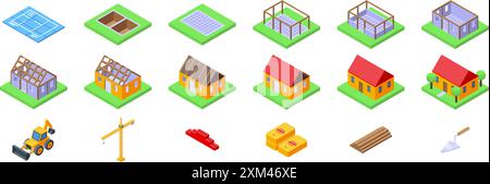 Unfertige Häuserbausymbole gesetzt. Bauabschnitte vom Fundament bis zum fertigen Haus mit Baumaterialien und -Ausrüstung Stock Vektor