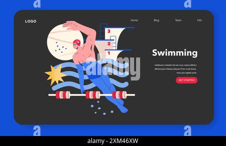 Olympisches Schwimmkonzept. Sportlicher Schwimmer taucht in einen Pool, bereit für ein Wettkampf auf einer Website-Oberfläche. Vektorabbildung. Stock Vektor