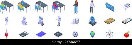 Futuristische Schulsymbole. Isometrische Gruppe von Schülern, die am Schulpult studieren, und Ikonen des Konzepts künstlicher Intelligenz Stock Vektor