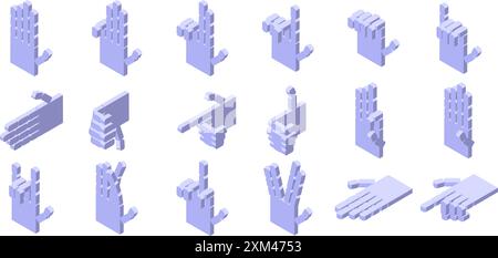 Symbole für Handgesten des Roboters gesetzt. Satz von Pixelgrafiken, die verschiedene Gesten isometrische Symbole auf weißem Hintergrund erstellen Stock Vektor