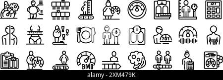 BMI-Symbole eingestellt. Menschen verwenden verschiedene Werkzeuge zur Messung ihres Body-Mass-Index, darunter Waagen, Taschenrechner und Messbänder Stock Vektor