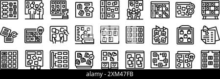 Symbole für Scrum Board gesetzt. Projektmanager planen Arbeitsprozesse mit agiler Methodik und Scrum Board mit Aufgaben Stock Vektor