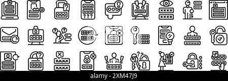 Passwörter vergessen Personen, die Passwörter verwenden, Passwörter für Web- und mobile Anwendungen, Symbole für Passwortschutz gesetzt Stock Vektor