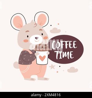 Hamster im Overall hält Kaffee. Text Kaffeezeit. Niedliche Plakate für böhmische Kinderzimmer in beigen und grauen Farben. Boho-Vektordruck Stock Vektor
