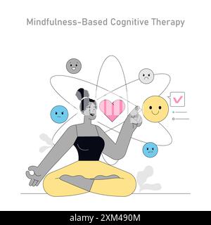 Achtsamkeitsbasiertes kognitives Therapiekonzept. Illustration der emotionalen Regulation durch Therapie. Psychische Wellness-Praxis, Stimmungsverbesserungstechnik. Vektorabbildung. Stock Vektor