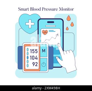 Gesundheitsmonitoring-Konzept. Eine schlanke Abbildung eines intelligenten Blutdruckmessgeräts, das mit einer mobilen App verbunden ist. Digitale Gesundheitstechnologie. Vektorabbildung. Stock Vektor