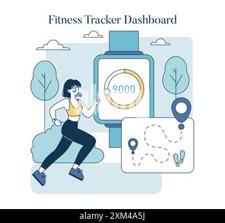 Fitness Tracker Dashboard-Konzept. Frau, die sich mit digitaler Schrittzählung in einem gesunden Lebensstil einsetzt. Verfolgen des Trainingsfortschritts, Navigieren von Routen. Vektorabbildung. Stock Vektor