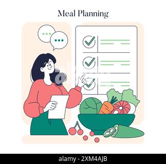 Low Histamine Diet concept. Woman organizing a meal plan with selected ingredients, ensuring dietary compliance. Vector illustration. Stock Vektor
