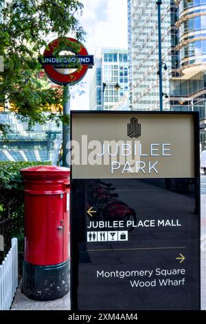 Jubilee Park Schild, Canary Wharf, Borough of Tower Hamlets, London, England, Großbritannien Stockfoto