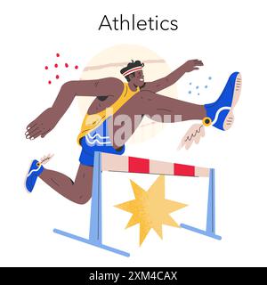 Konzept der Olympischen Spiele. Ein Athlet, der mitten in der Action über eine Barriere stürmt, erfasst die Dynamik von Leichtathletik- und Feldereignissen. Sportlicher Wettkampf und Entschlossenheit. Vektorabbildung. Stock Vektor
