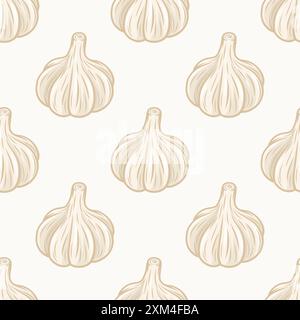 Vektor-nahtloses Muster mit Hand gezeichneter Knoblauchbirne auf weißem Hintergrund. Illustration Des Gemüsevektors. Ganzer Knoblauchkopf in flacher Ausführung. Würzen Stock Vektor