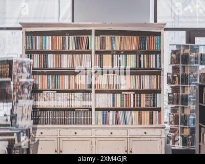 Abstraktes, verschwommenes großes hölzernes Bücherregal, gefüllt mit Büchern in einem Buchladen Stockfoto