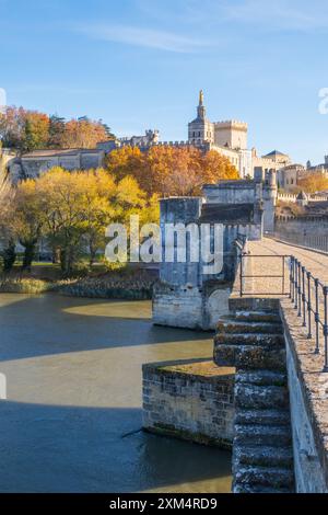 Die Stadt Avignon wurde von seiner Brücke Saint Benezet, der berühmten mittelalterlichen päpstlichen Stadt an der Rhone im Herbst, in Frankreich aufgenommen Stockfoto