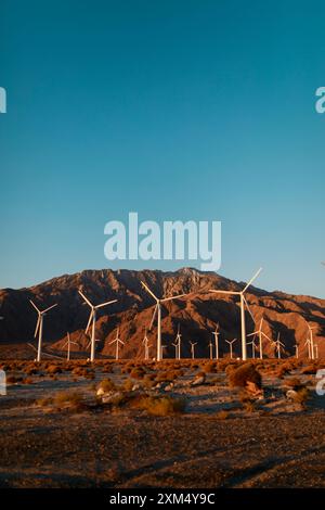 Windmühlen in der Wüste von Palm Springs bei Sonnenaufgang. Stockfoto