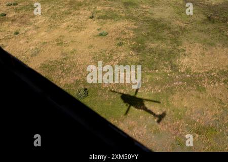 Der Schatten eines UH-60 Blackhawk Hubschraubers über dem Camp Grayling Army Airfield in Grayling, Michigan am 16. Juli 2024. Soldaten der Bravo Kompanie, 2/147. Sturmhubschrauber-Bataillon, führten dort im Rahmen ihrer jährlichen Ausbildung Luftwaffenbeschuss durch. (Foto der Nationalgarde der US-Armee von Sgt. 1st Class Andrew Dickson) Stockfoto