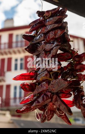 Piment d'Espelette, getrocknete rote heiße Chilischoten aus dem Dorf Espelette im Baskenland in den Bergen, Frankreich, Gewürz, französische Gewürze Stockfoto