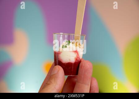 Degustation Appetithäppchen für Besucher, zubereitet von großen Köchen der französischen Haute Cuisine, Sommerweinfestival in Tours, Loire-Tal, Frankreich Stockfoto