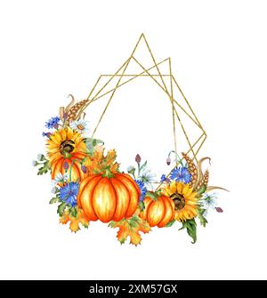 Kürbisse, Sonnenblumen, Gänseblümchen, Kornblumen, Weizen, Herbstblätter Rahmen geometrische polygonale Aquarellillustration. Symbol für Thanksgiving oder Halloween Stockfoto