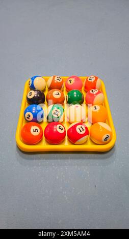 Blick von oben auf den Pool Billardbälle im quadratischen Tablett. 8-Ball-Pool oder Taschenbillard ist eine Klassifizierung von Cue Sports. Stockfoto