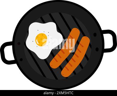 Rustikales Frühstück mit Würstchen, Spiegelei, Salz und Pfeffer in der Grillpfanne, Blick von oben isoliert auf weiß. Vektor-Menükarten, Poster, Banner, Broschüre oder Web, Preisschild, Label oder Web, Design-Konzept für Werbeaktionen Stock Vektor