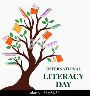 Internationaler Alphabetisierungstag mit Bücherbaum-Illustration Stock Vektor